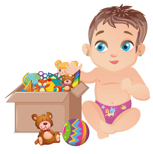 Bebé con caja de juguetes